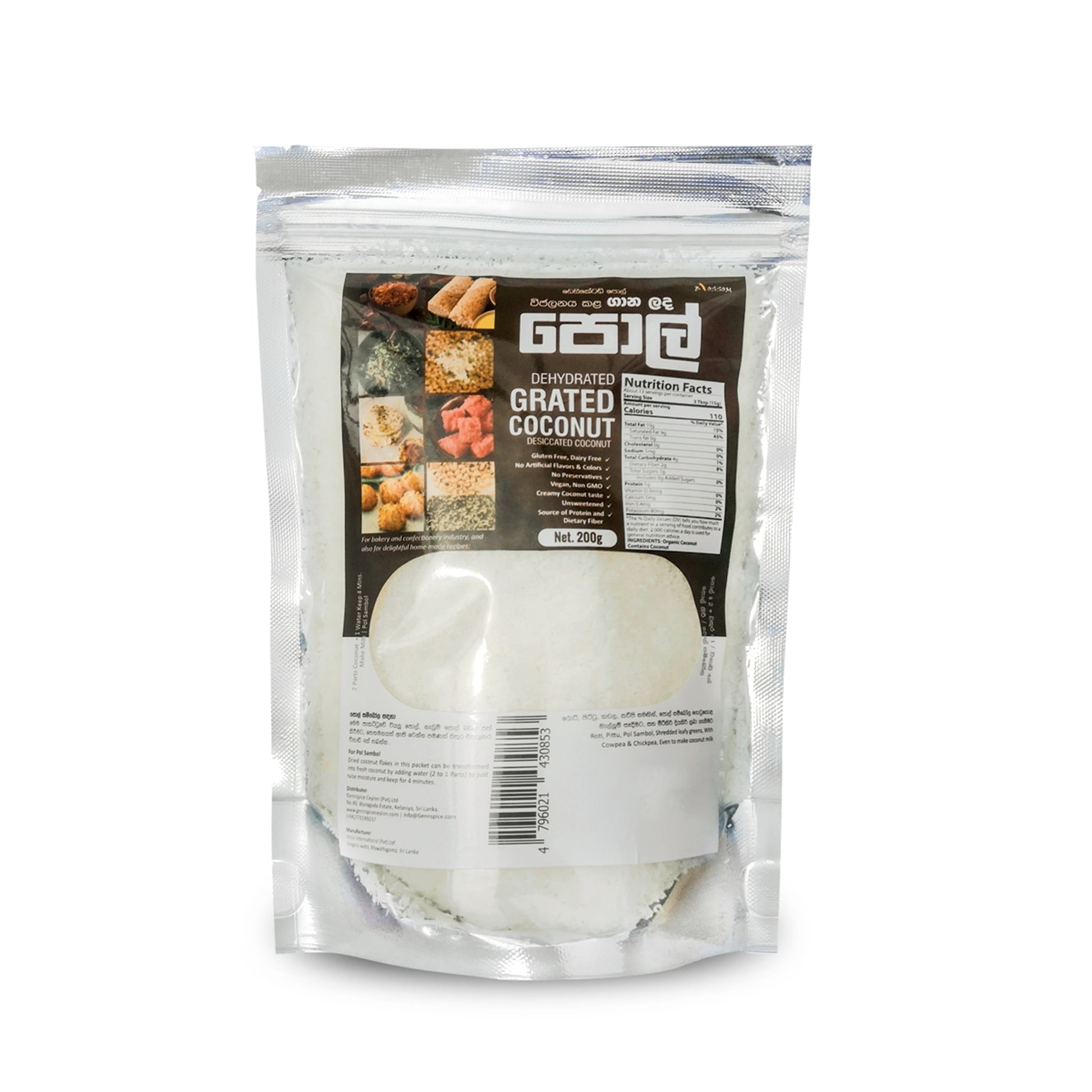 200g packet of pure fine grade desiccated coconut,shredded,grated,unsweetened and natural.