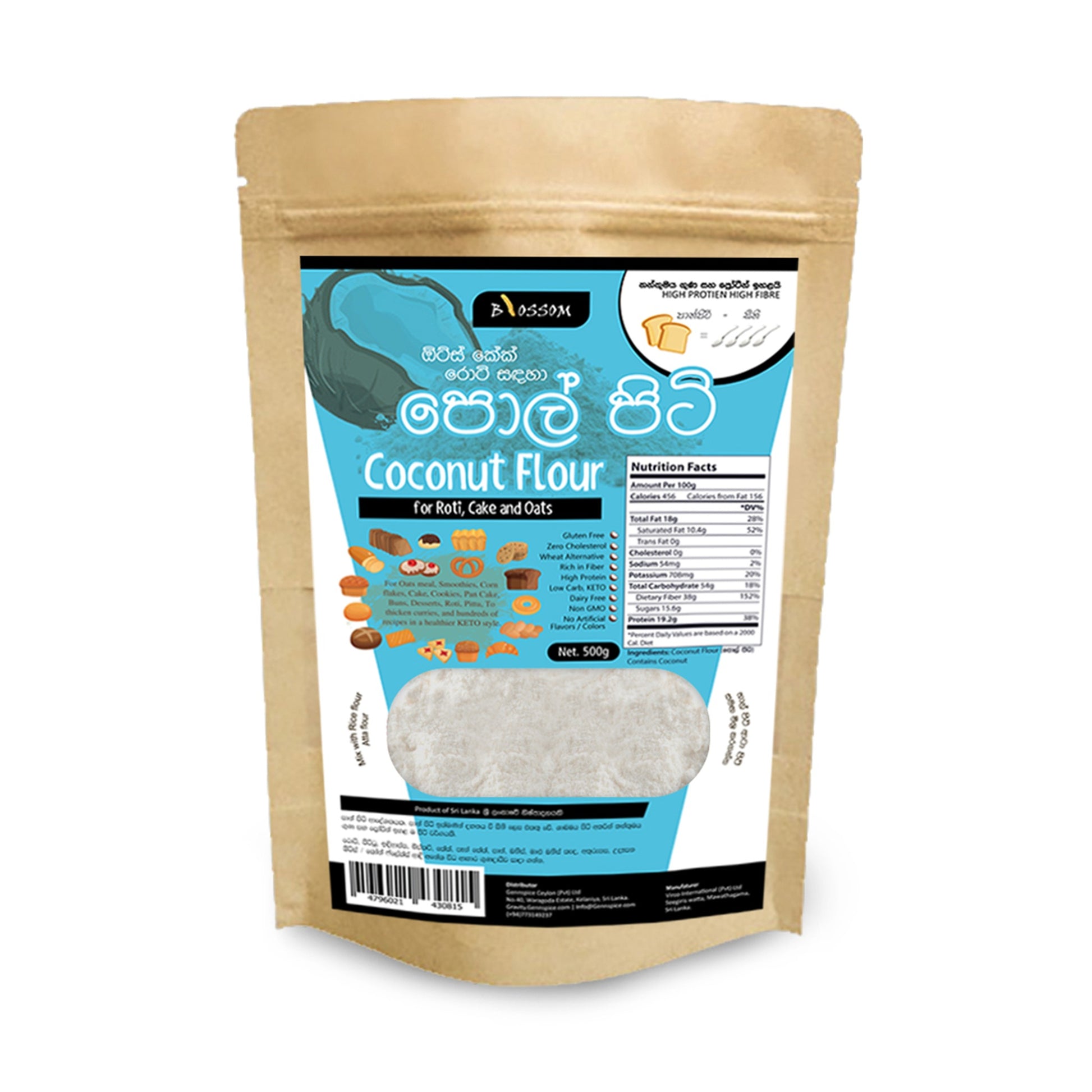Bag of Natural Coconut Flour 500g, perfect for gluten-free and keto baking.