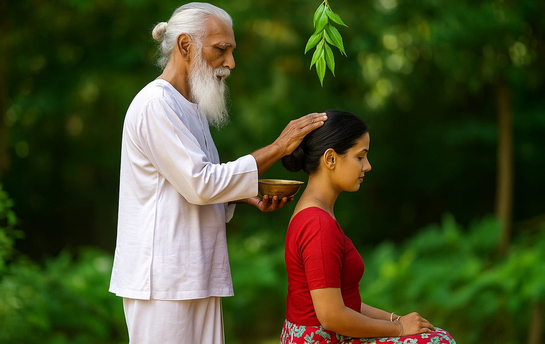Elder anointing a child's head with oil during a Sri Lankan New Year ritual.