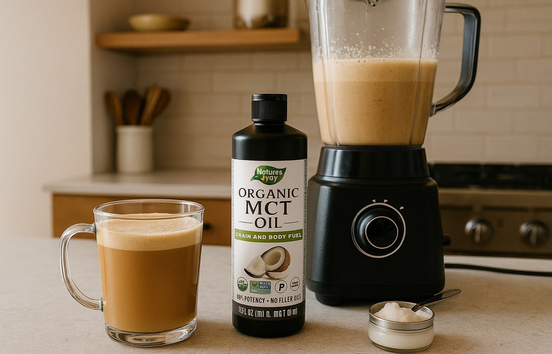 Bulletproof coffee preparation with organic MCT coconut oil bottle, glass mug, and blender on a kitchen counter