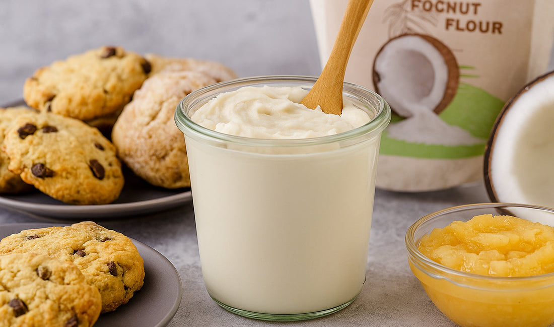 glass jar of coconut butter with cookies 