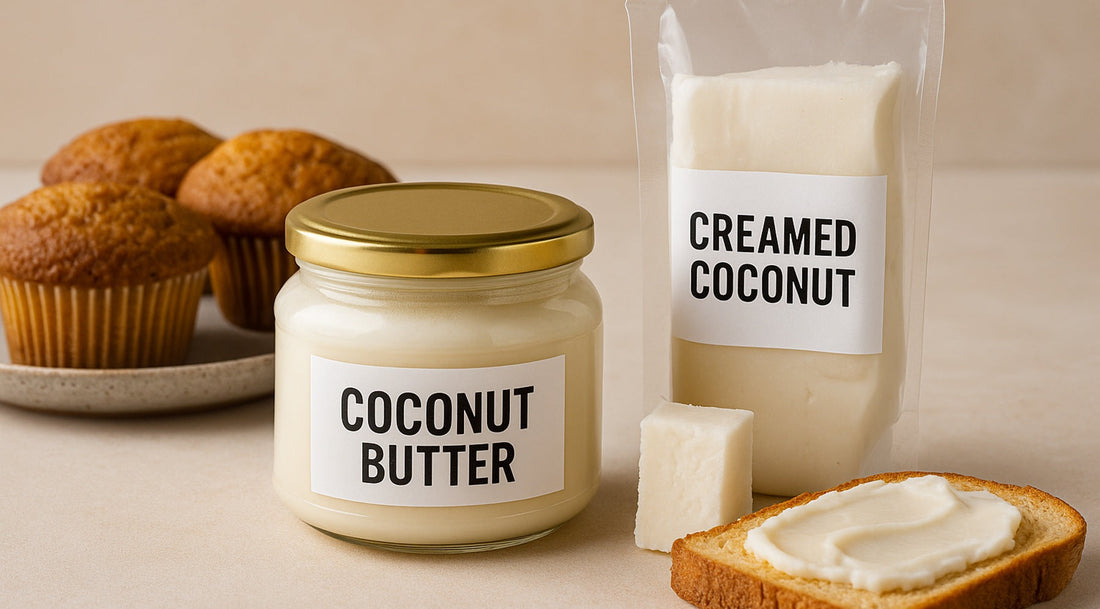 Glass jar labeled coconut butter and pouch labeled creamed coconut with toast and muffins