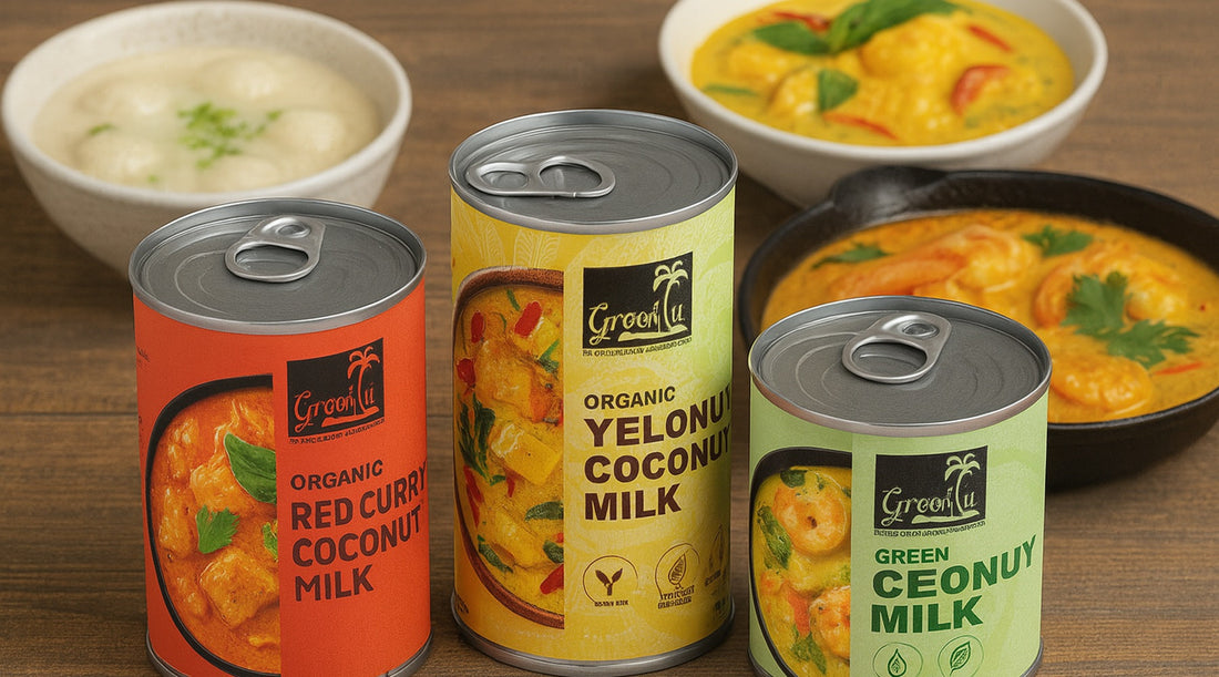 red, yellow, and green curry coconut milk cans surrounded by dishes made with each blend