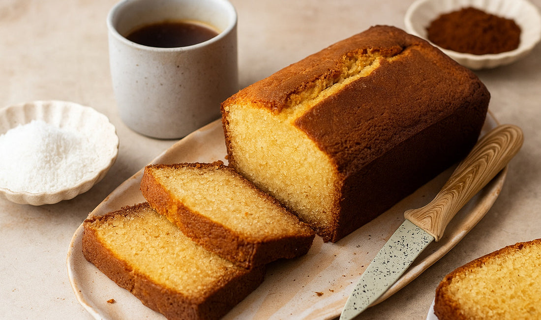 reshly baked coconut cake made with coconut flour, virgin coconut oil, and desiccated coconut