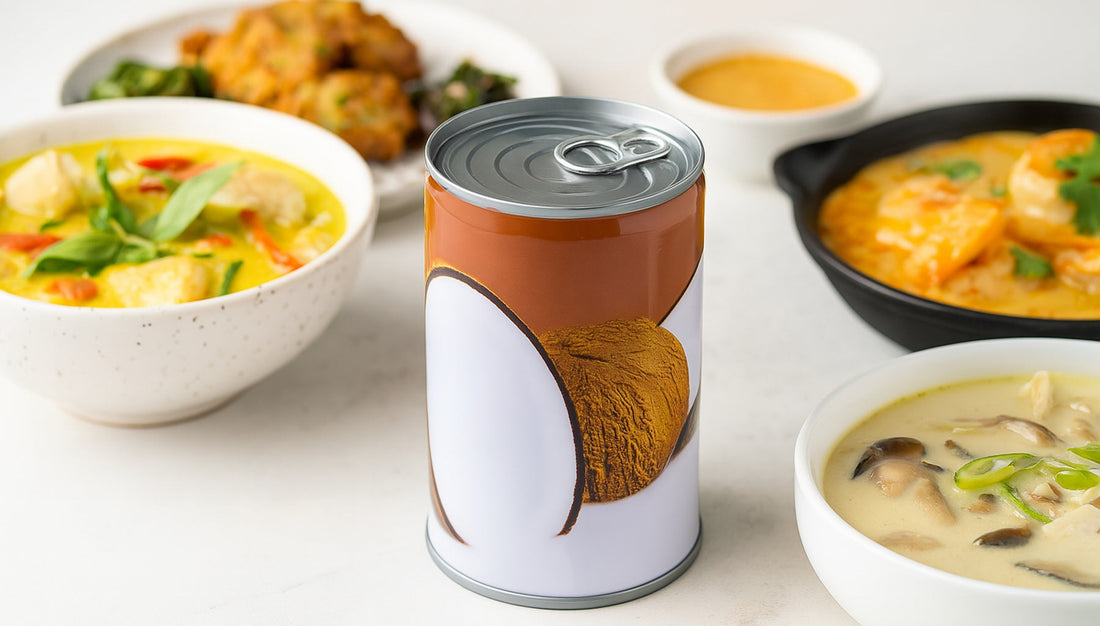 can of coconut milk surrounded by various dishes cooked with coconut milk