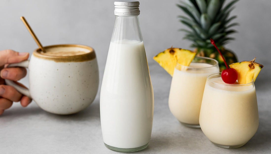 coconut milk bottle with latte and tropical smoothies