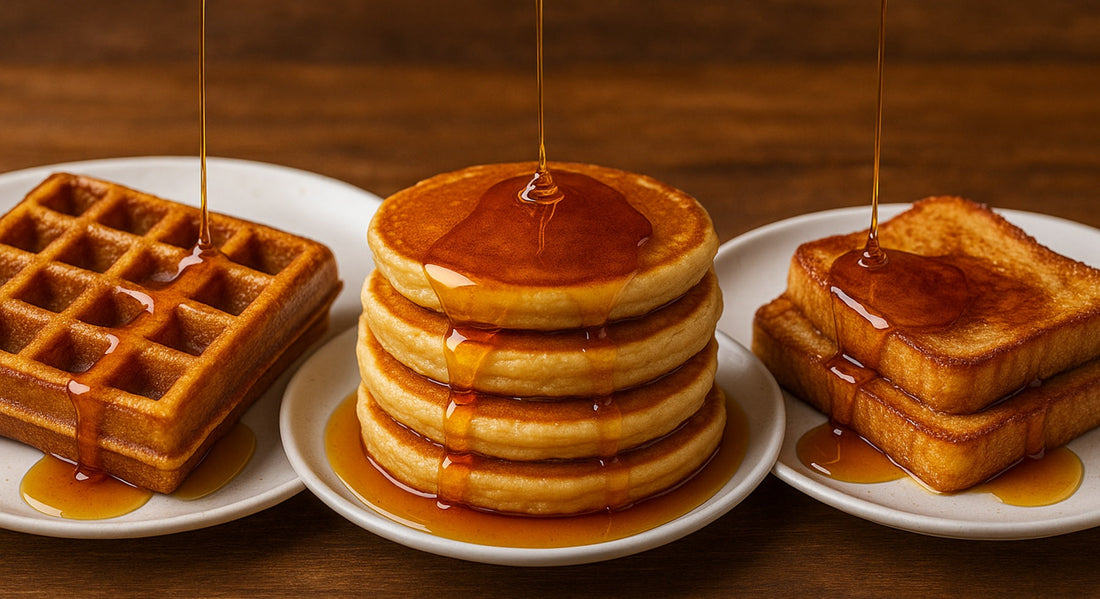 coconut nectar being poured over waffles, pancakes, and French toast on white plates