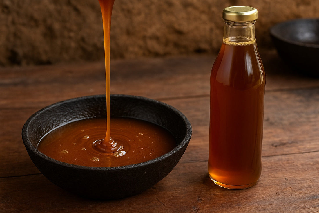 Coconut nectar being poured into a bowl beside a glass bottle filled with golden coconut treacle