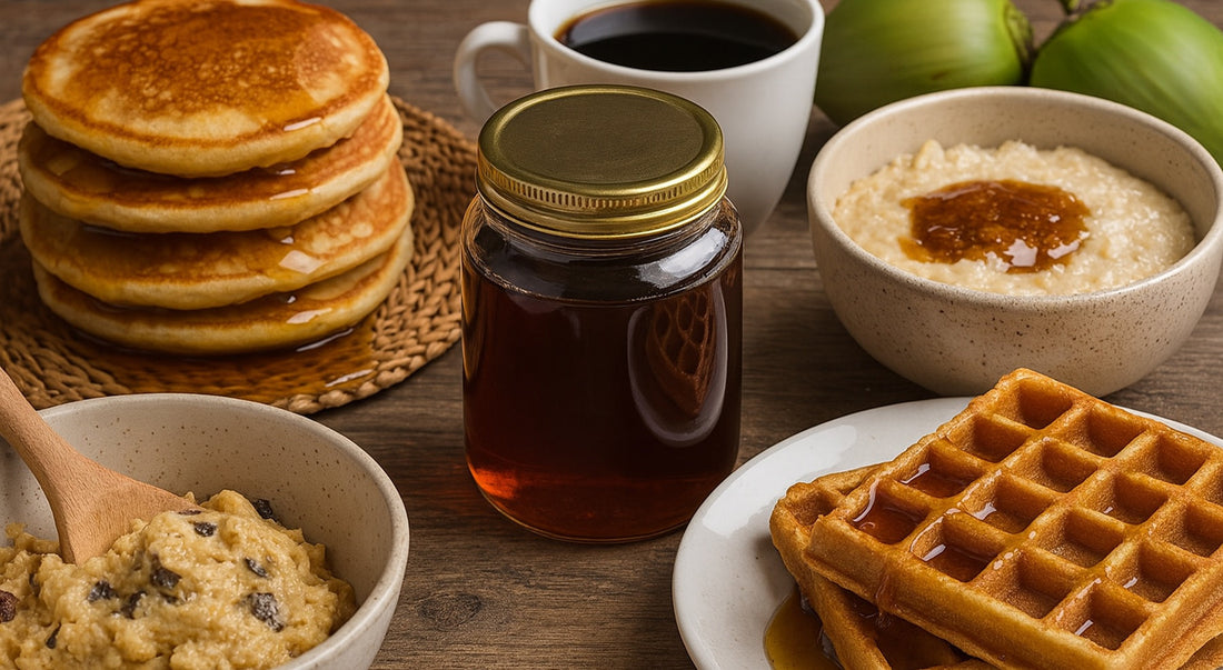 coconut nectar in a jar surrounded by waffles, pancakes, oatmeal, cookie dough, coffee, and green coconuts