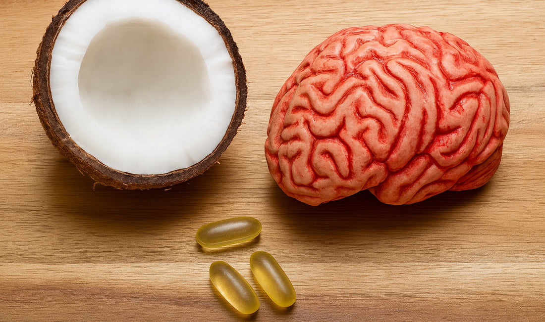 halved coconut, a human brain model, and coconut oil capsules on a wooden surface to represent how coconut fats support brain health and cognitive function.
