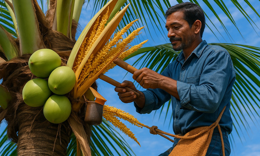 A Sri Lankan man harvesting coconut sap by cutting coconut blossoms high on a coconut tree