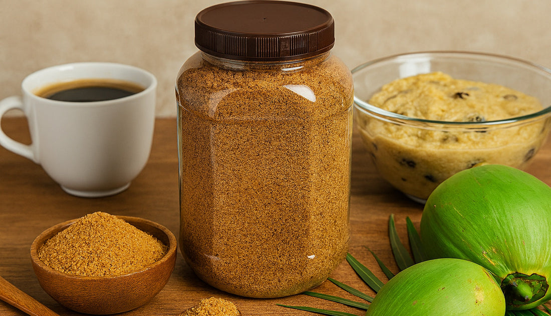 coconut sugar in a jar with a coffee cup, cookie dough bowl, and green coconuts 