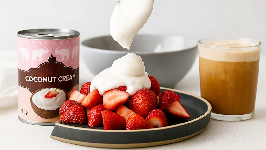 coconut whipping cream can with whipped topping on strawberries and iced coconut coffee