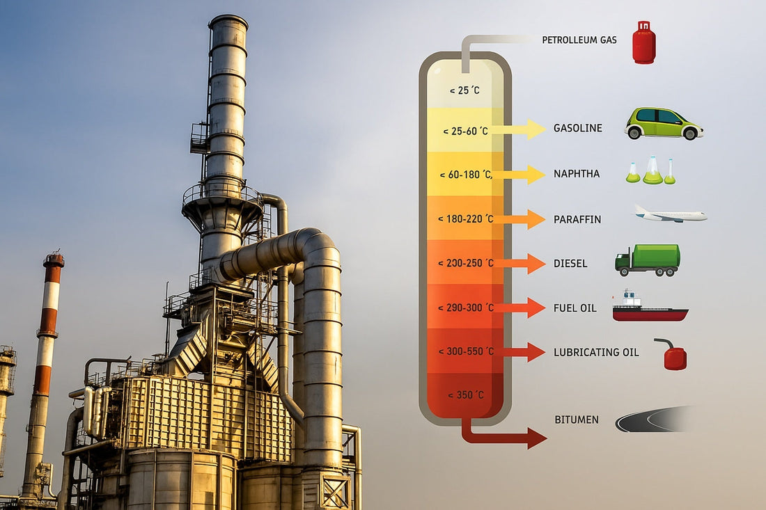 Diagram illustrating the distillation process of crude oil, separating different components.