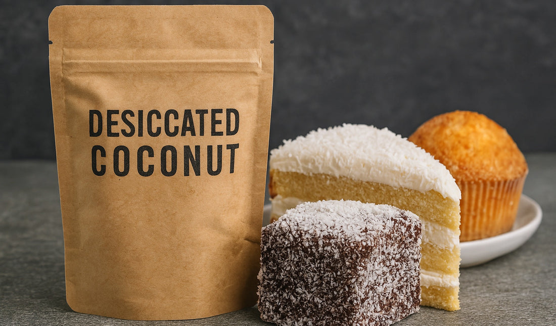 desiccated coconut packet next to coconut-based desserts including coconut cake, lamington, and muffin, showcasing its use in baking and cooking.
