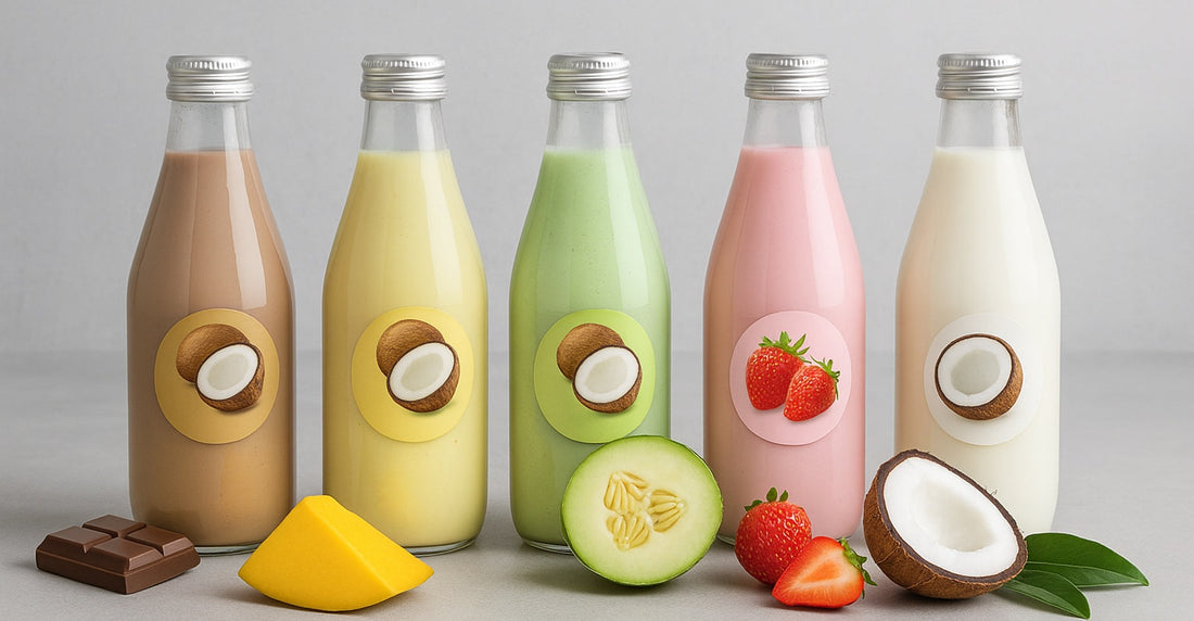 flavored coconut milk smoothies with tropical fruits