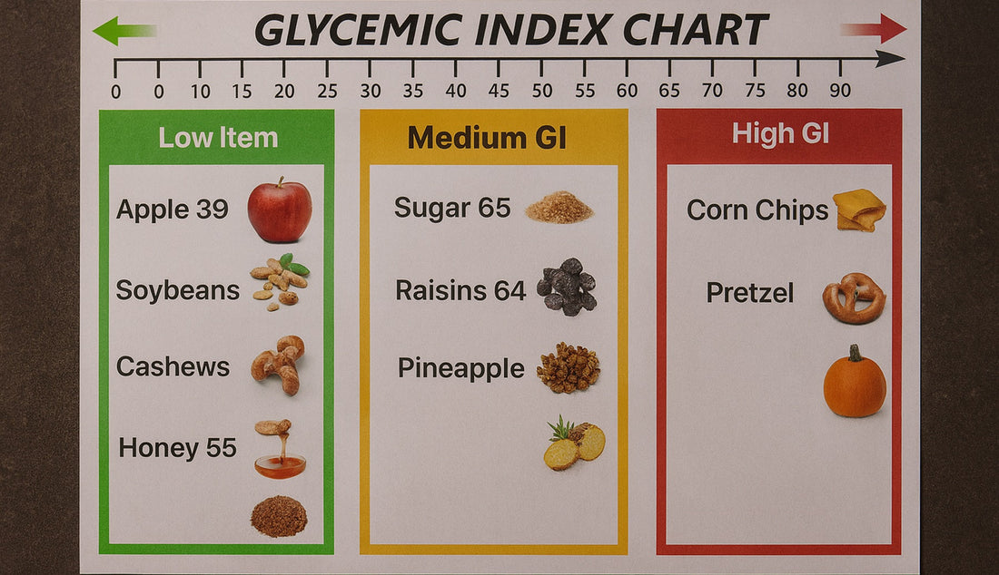 Glycemic index chart showing low, medium, and high GI food examples like apple, cashews, sugar, pineapple, and pretzels with numeric values