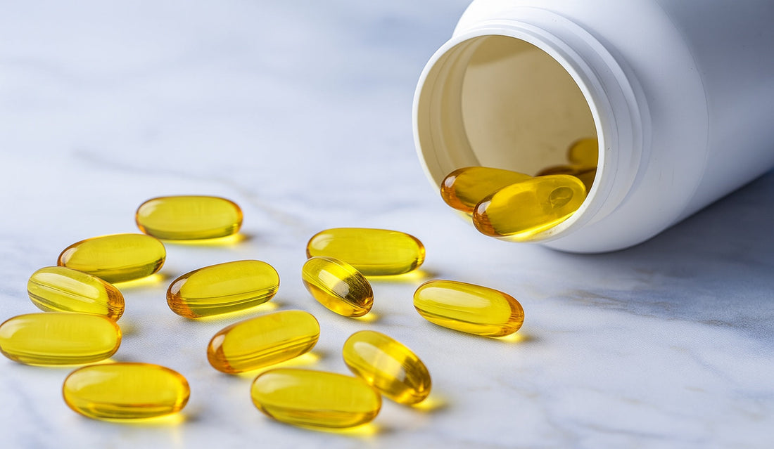  golden softgel capsules spilling from a white bottle on a marble surface, used for supplements or omega oils