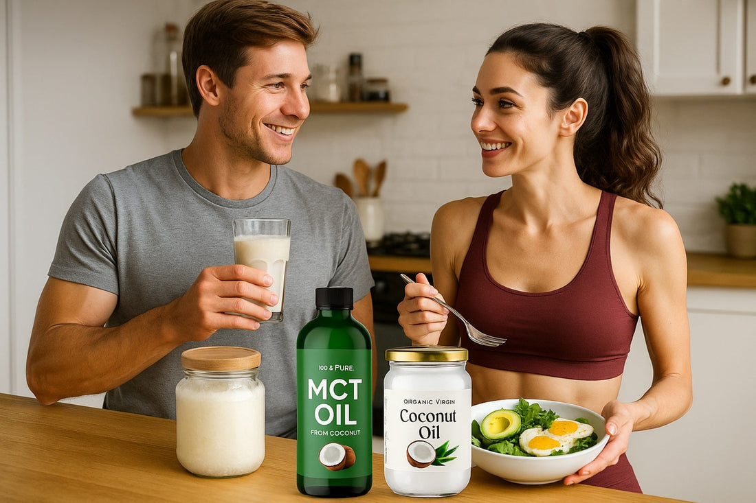 Fit couple enjoying a healthy breakfast with MCT oil and virgin coconut oil for a keto lifestyle