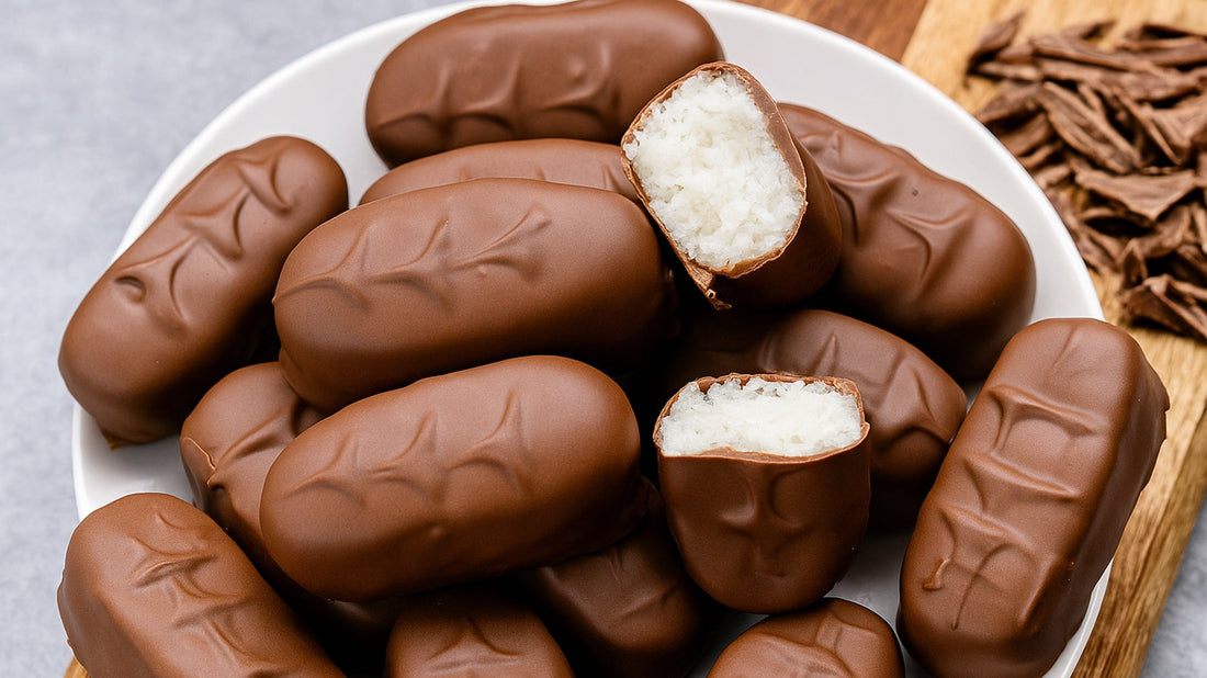 homemade chocolate bounty bars with desiccated coconut filling