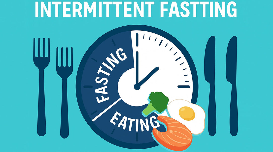 clock divided into fasting and eating periods, symbolizing the 16:8 intermittent fasting method, with fork and knife icons and healthy food items like salmon, egg, and broccoli.