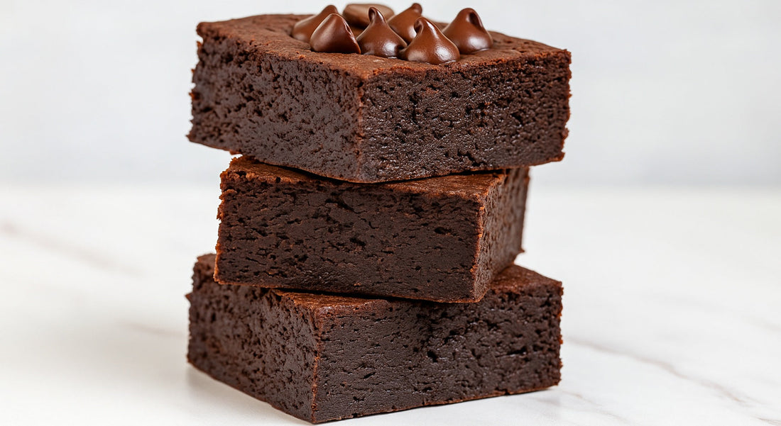 keto chocolate brownies made with coconut flour, topped with chocolate chips 