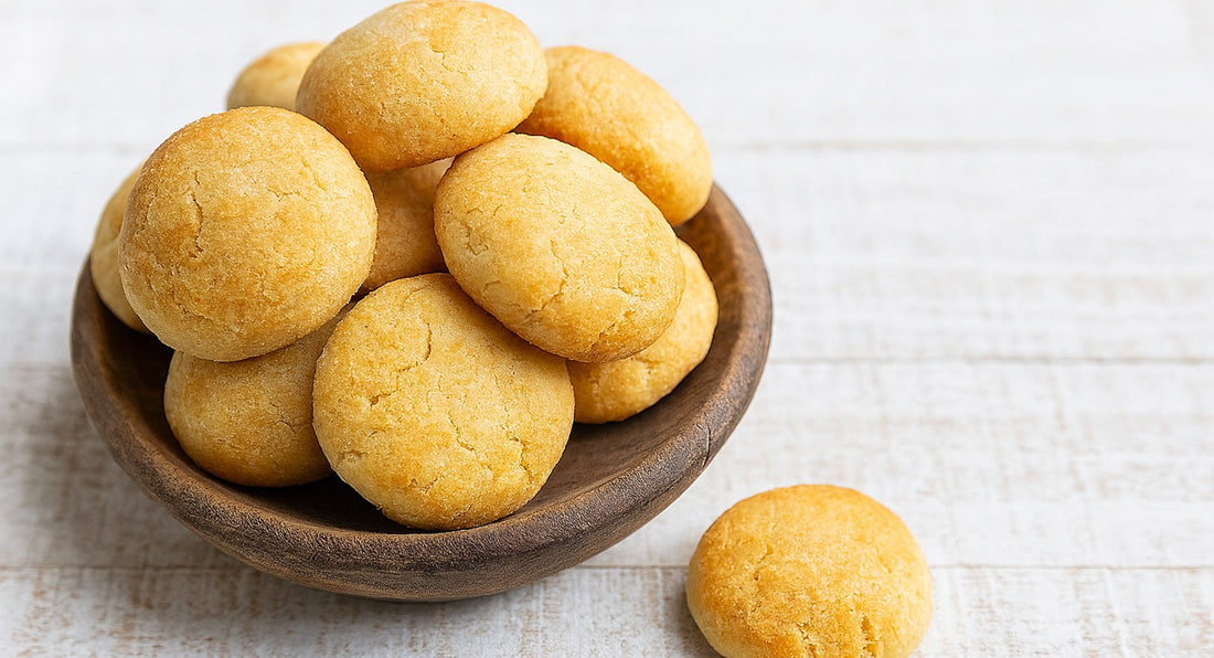 golden keto cookies made with coconut flour, served in a rustic wooden bowl 