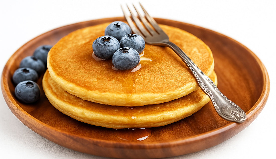 fluffy keto pancakes made with coconut flour, topped with blueberries and coconut yrup