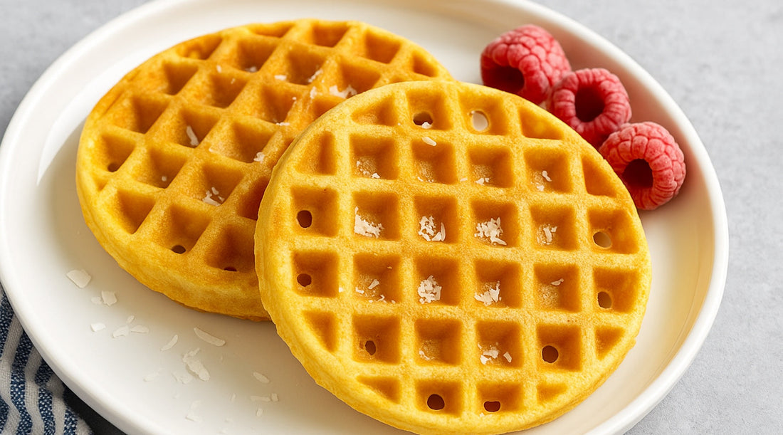 golden keto waffles made with coconut flour, served with shredded coconut and fresh raspberries