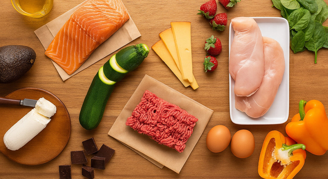 ariety of keto-friendly foods including salmon, chicken breast, ground beef, eggs, avocado, cheese, zucchini, spinach, strawberries.