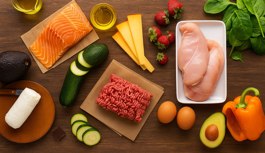 Display of keto-friendly foods including salmon, eggs, chicken, cheese, and avocado on a wooden table