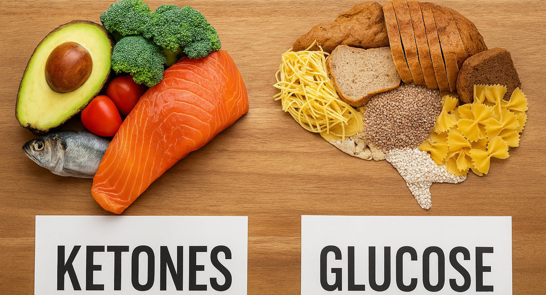 keto-friendly items like salmon and avocado labeled "KETONES," and the other with carb-rich foods like bread and pasta labeled "GLUCOSE".