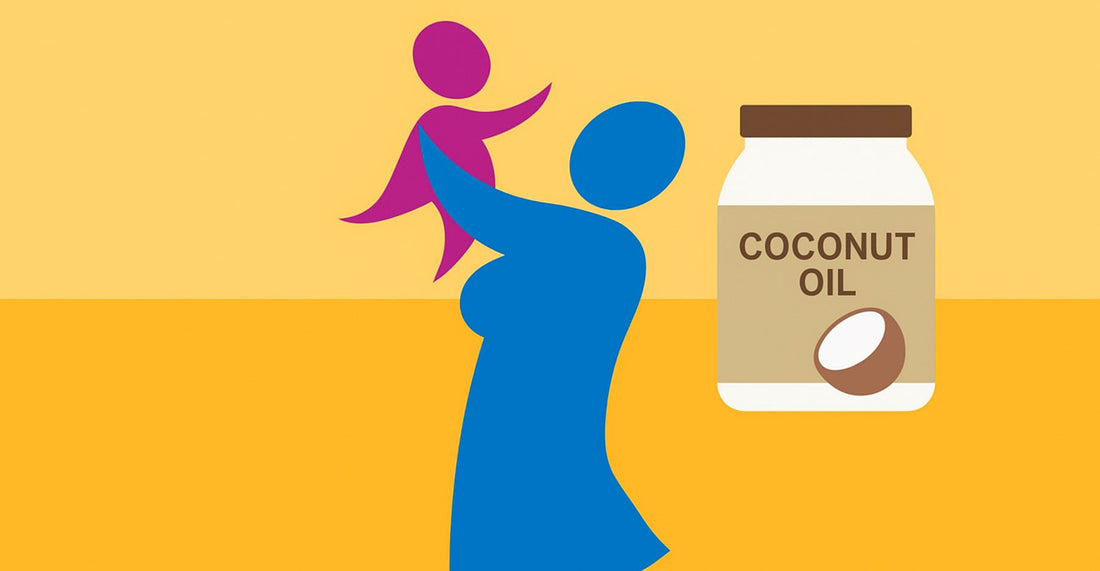 Illustration of a mother lifting a baby beside a jar labeled coconut oil, symbolizing nutritional connection and natural care.