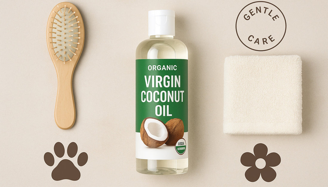 Organic virgin coconut oil bottle with hairbrush, towel, paw print and flower icons showing multiple care uses