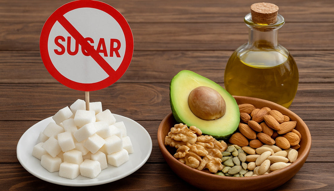 plate of sugar cubes with a red "No Sugar" sign beside a bowl of healthy fats including avocado, nuts, and seeds, along with a bottle of coconut oil 
