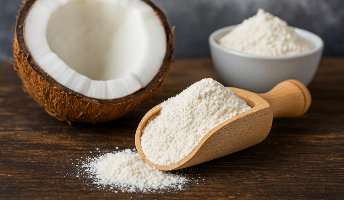 Organic coconut flour with halved coconut, wooden scoop and bowl on rustic wooden background