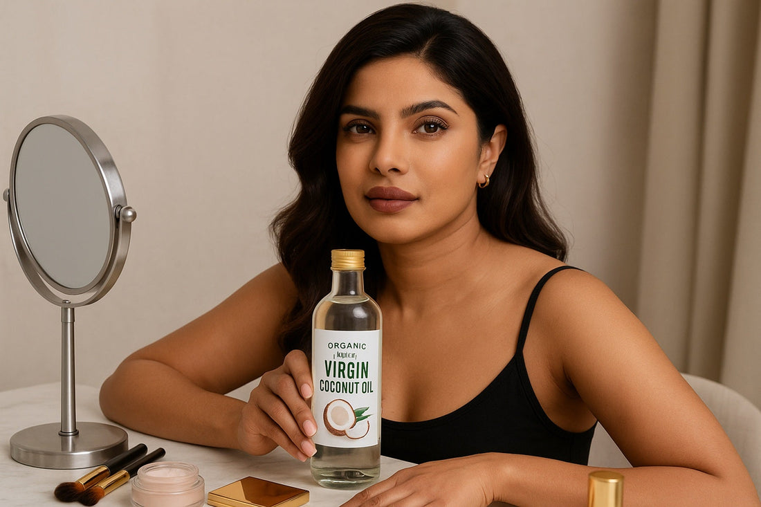 Priyanka Chopra using organic virgin coconut oil at vanity for natural beauty and skincare routine
