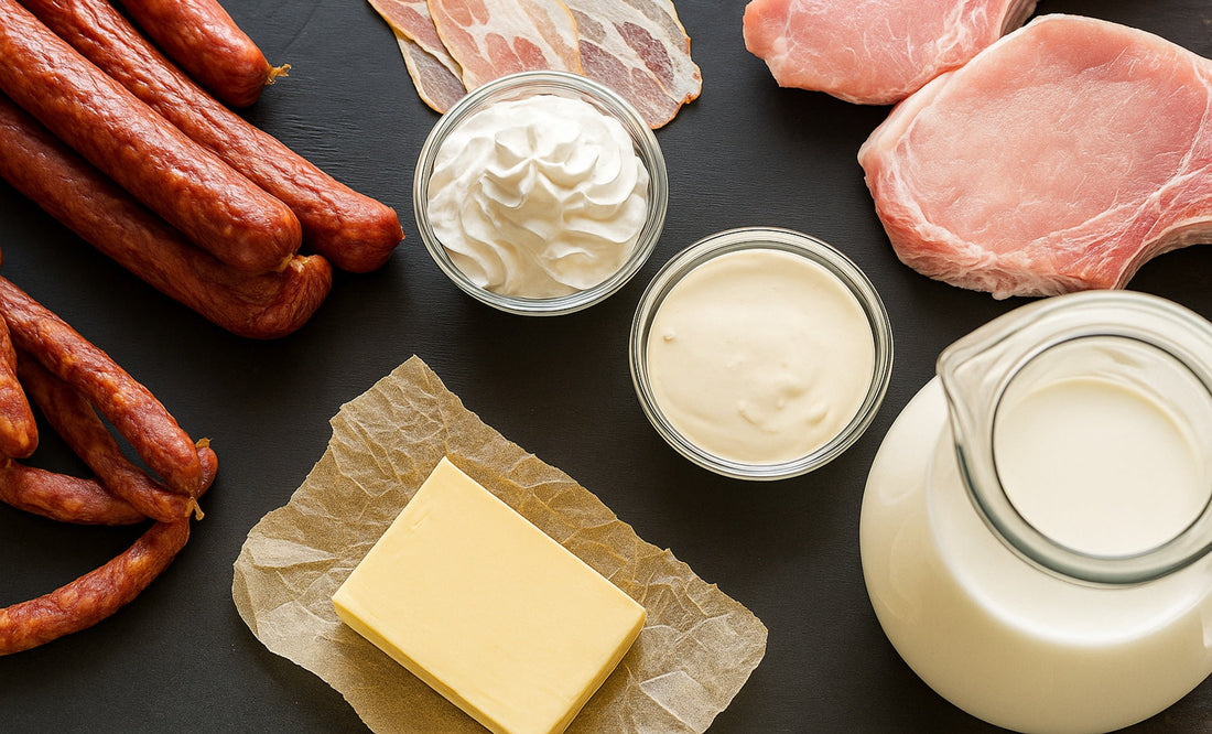 Assorted saturated fat foods including sausages, bacon, raw pork chops, cream, butter, and milk on a dark background