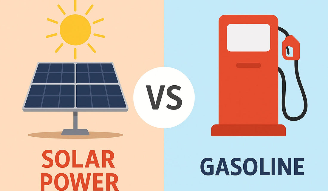 solar power and gasoline, featuring solar panels and the sun on one side and a red gas pump on the other