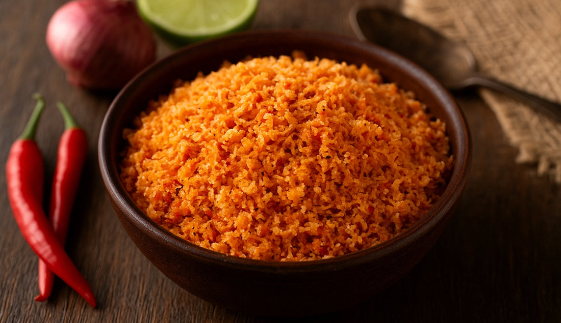 authentic Sri Lankan pol sambol served in a wooden bowl with red chilies, lime, and onion 