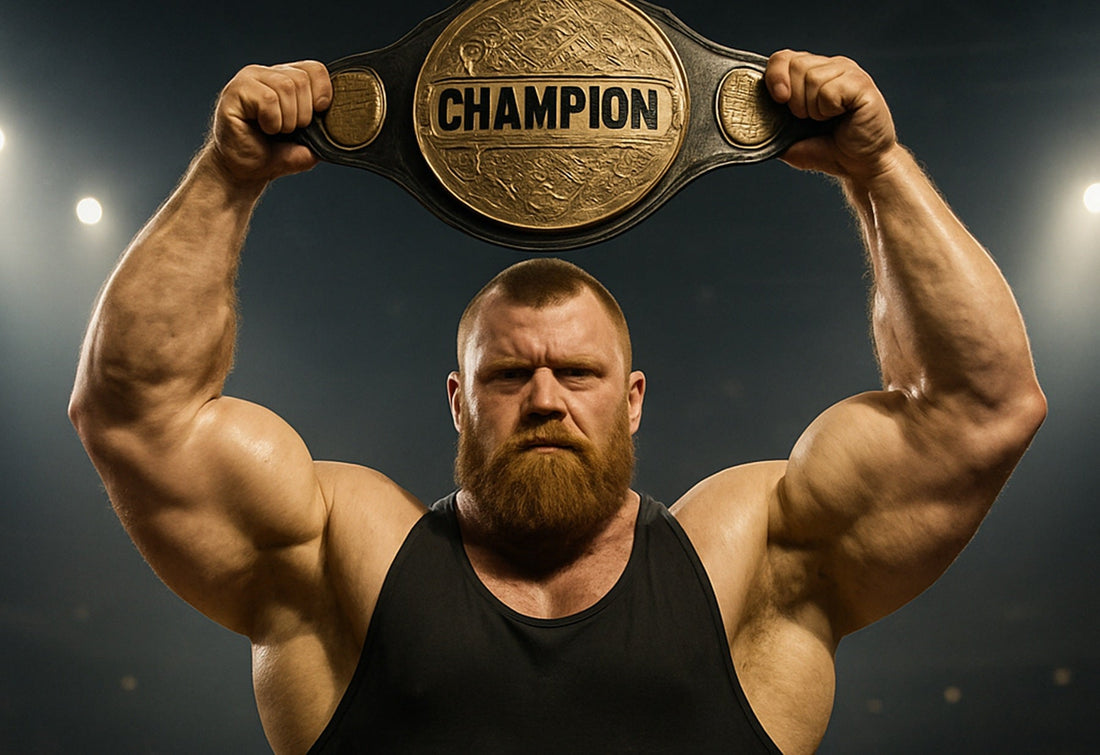 Muscular strongman holding a championship belt above his head in a dimly lit arena, symbolizing power and victory.