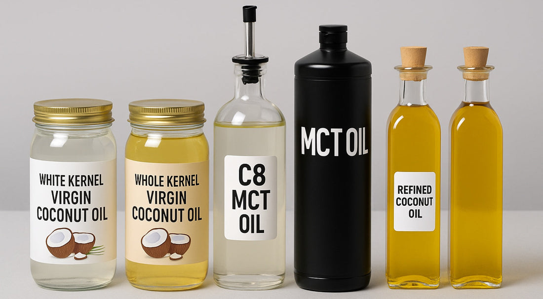 display of various coconut oil types including white kernel virgin coconut oil, whole kernel virgin coconut oil, C8 MCT oil, blended MCT oil, and refined coconut oil