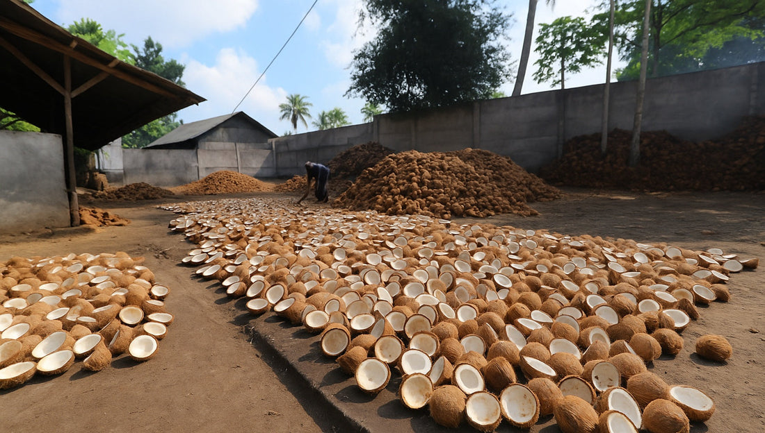 Halved coconuts laid out in rows under sunlight to dry for copra production in a traditional outdoor facility
