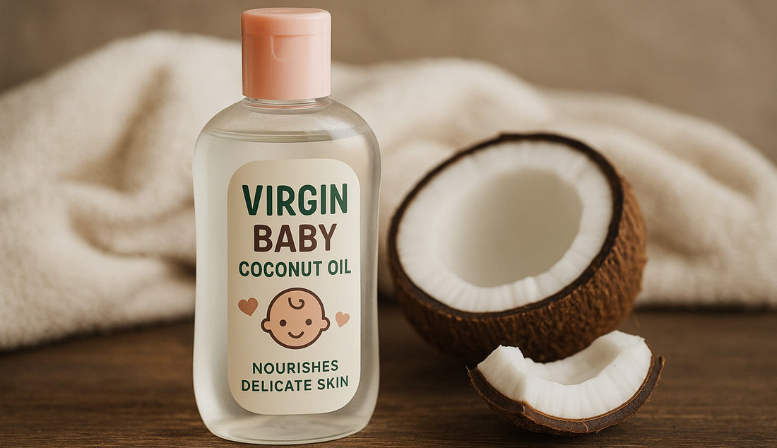 Virgin baby coconut oil bottle with halved coconut and soft towel background for natural baby skincare