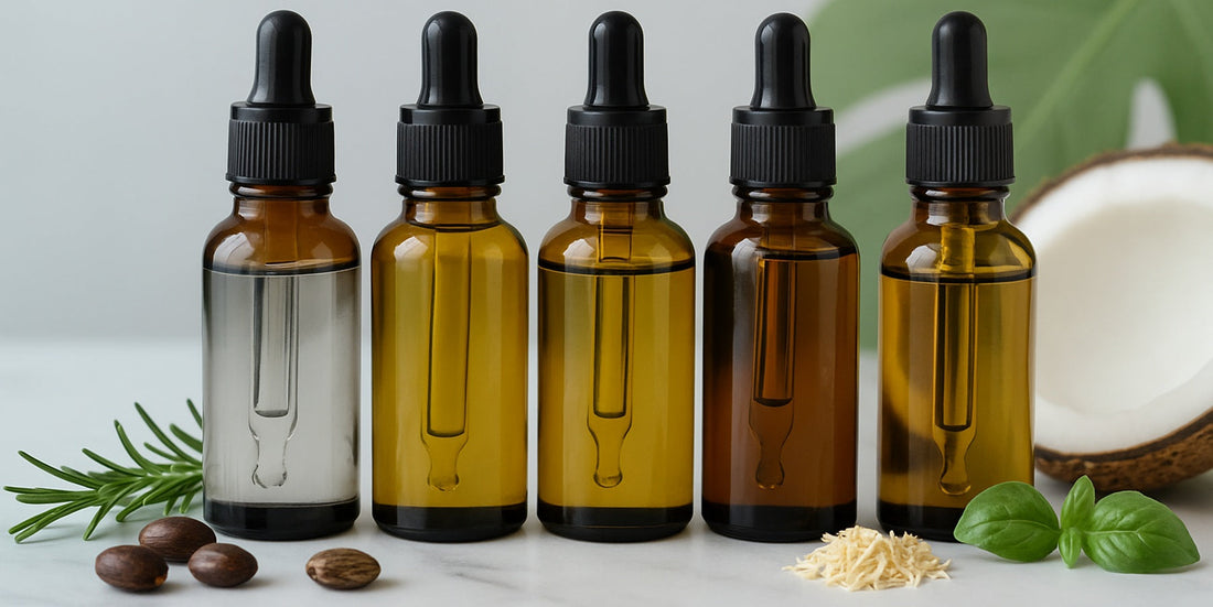four dropper bottles containing virgin coconut oil blended with essential oils for hair growth, surrounded by herbs and a halved coconut.