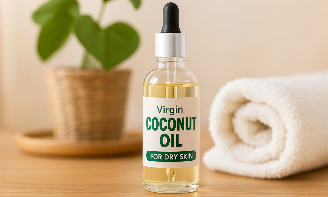 Virgin coconut oil dropper bottle for dry skin with towel and plant in a natural skincare setup
