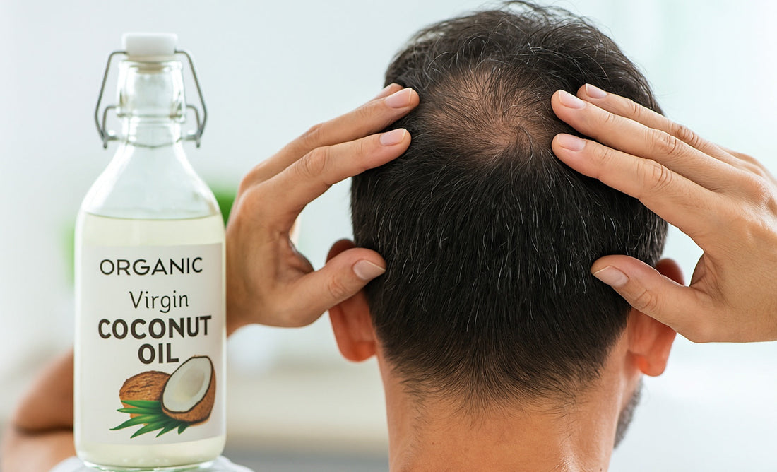 Applying organic virgin coconut oil to scalp for natural hair growth and nourishment