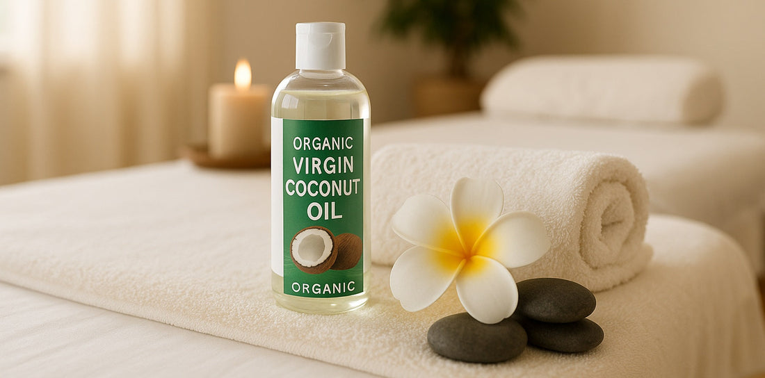 Organic virgin coconut oil bottle on spa massage table with towel, flower, stones and candle for natural skin care