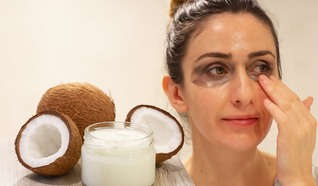 a woman using virgin coconut oil to gently remove eye makeup, with fresh coconuts and a glass jar of coconut oil in the foreground, promoting natural skincare.