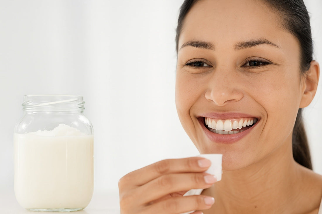 Woman with bright white teeth using virgin coconut oil for oil pulling, promoting oral health and healthy gums